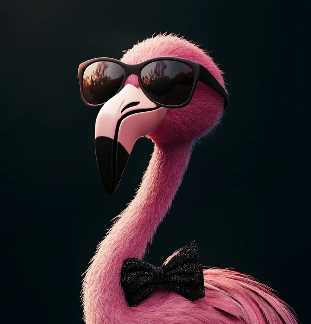A pink flamingo in sunglasses and a bow tie